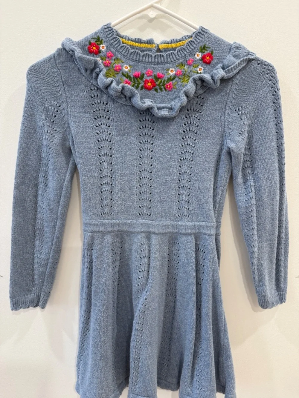 Mini Boden - Blue w/Pink Embroidered Flowers Pointelle Knitted Dress, Size 8-9y